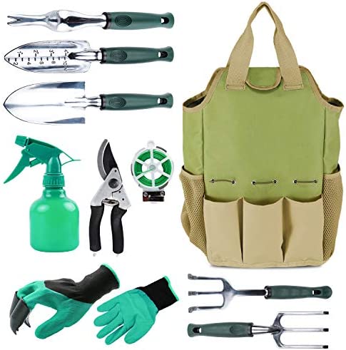 INNO STAGE Gardening Tools Set and Organizer Tote Bag with 10 Piece Garden Tools, Garden Gift Set,Vegetable Gardening Hand Tools Kit Bag with Garden Digging Claw Gardening Gloves-Green