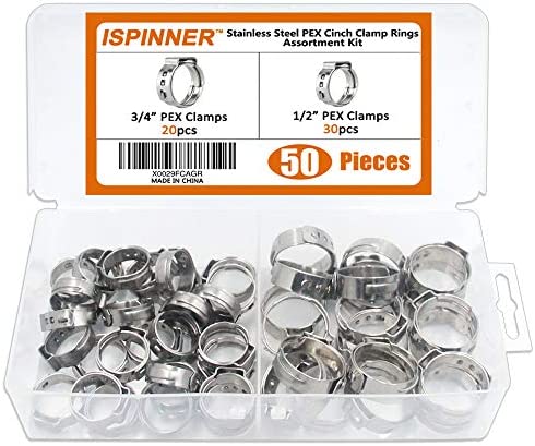 ISPINNER 50pcs 2 Sizes Stainless Steel PEX Cinch Clamp Rings Assortment Kit for PEX Tubing Pipe Fitting Connections (30pcs 1/2″ + 20pcs 3/4″)