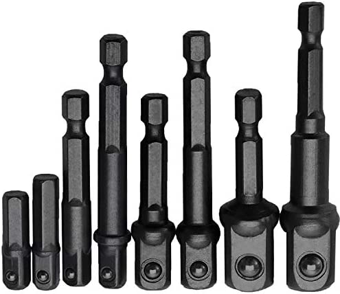 Impact Socket Adapter Set – 1/4 Inch Hex Shank Extension Square Driver Drill Bit to Drive 1/4″ 3/8″ 1/2″ Adapters Power Hand Tools for Cordless Drill CR-V Quick Change Nut Driver Conversions, 8Pcs