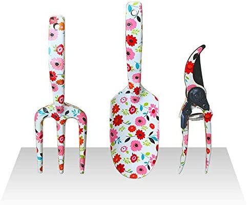 JS Tools 3 Piece Aluminum Garden Tool Set with Floral Print, Gardening Tool Kit – Hand Trowel, Fork, Pruning Shear Best Gift for Her and Him