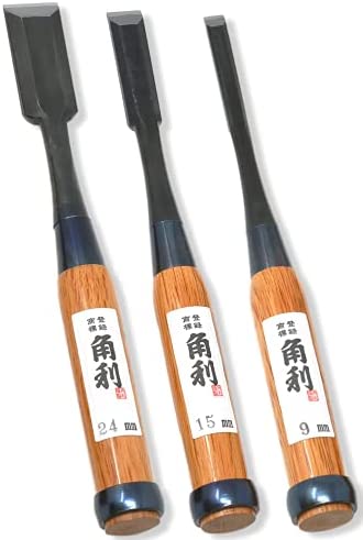 KAKURI Japanese Wood Chisel Set 3 piece Professional Japanese Oire Nomi for Woodworking, Carving, Mortising, Dovetailing, Razor Japanese Carbon Steel, Red Oak Handle, Made in JAPAN