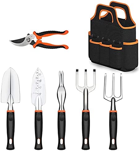 KUBABA Garden Tools Set 7 Pieces Heavy Duty Aluminum Gardening Kit with Soft Rubber Anti-Skid Ergonomic Handle with Storage Organizer Durable Storage Tote Bag Garden Gifts Tools for Men Women