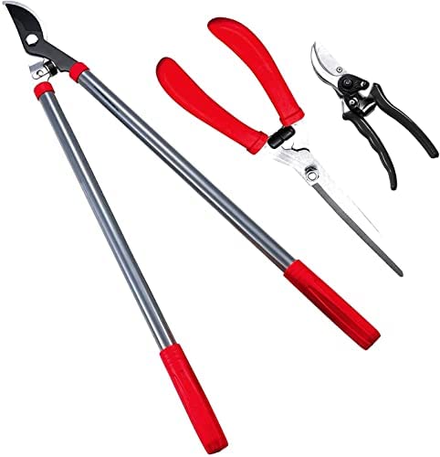 Kapoo Garden Lopper Set with 18″ Professional Hedge Shears, 8″ Sharp Pruning Shears Heavy Duty 28″ Tree Loppers, for Tree and Shrub Care Kit ba03, Red, (Redset-ba003)