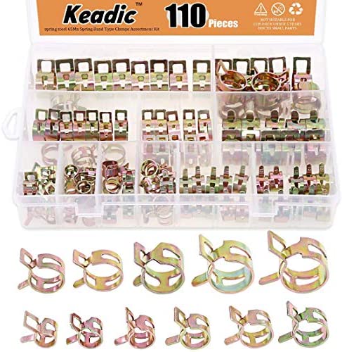 Keadic 110Pcs [ 11 SIZE ] 7mm to 17mm Spring Hose Clamp Vacuum Clamp Spring Band Type Clamps Action Fuel/Silicone Vacuum Hose Pipe Clamp Low Pressure Air Clip Clamps Fasteners Assortment Kit