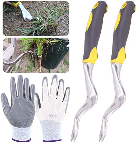 Keadic 4Pcs Manual Hand Weeder Tools Set, with Gardening Weed Puller with Ergonomic Handle & Protective Gloves, Perfect for Garden Yard Lawn Transplant & Weed Removal