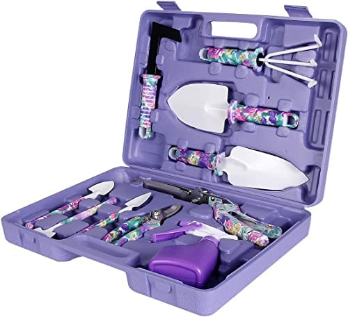 LEKEONE Gardening Tools Set, Unique Gardening Gifts for Women, Gardening Hand Tools with Purple Carrying Case, Gardening Kit for Home Gardening Flowers Vegetables Potted Trim Loosing Planting Tools