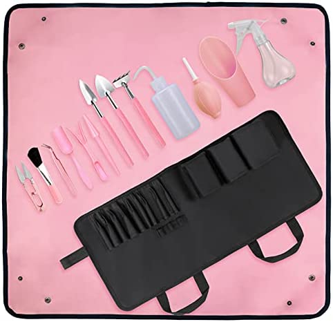LINGLUOFNG Pack of 15 Succulent Hand Tools Set -30″ × 30″ Plant Work Mat and 13Pcs Mini Succulent Care Tools Kit with Roll Store Bag Succulent Bonsai Garden Hand Tool Set for Fairy Planting (Pink)