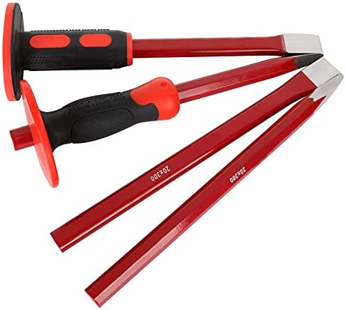 LIVTE 12 Inches Masonry Chisel with Hand Protection, 4 Pcs Heavy Duty Chisel Set – 2 Pcs Flat Head & 2 Pcs Pointed Head Chisel for Masonry/Concrete/Stone Demolishing Carving Splitting Breaking, Red