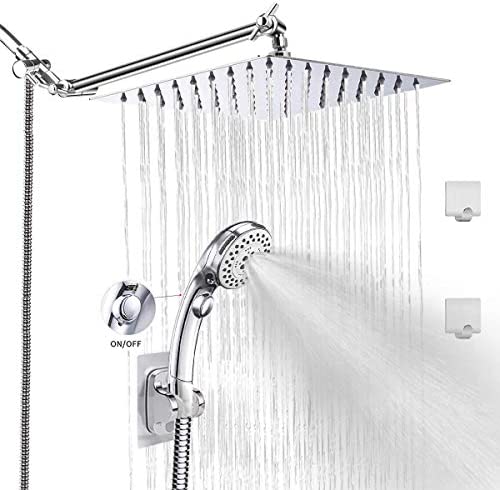 LOHNER Shower Heads with Handheld,ON/OFF Switch,87 Inch Hose,Luxurious Stainless Steel 8” Shower head,6 Settings Handheld,with 11″ Adjustable Shower Arm (Square Shower Set)