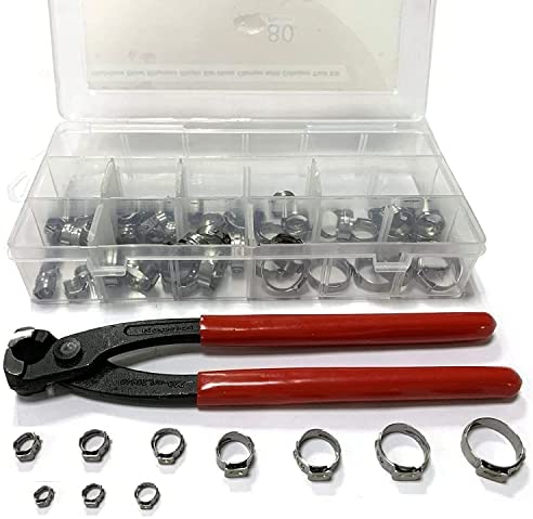 Leberna 115 Pcs 304 Stainless Steel Stepless Single Ear 7-29mm Hose Clamps with Pincers Crimper Tool Kit | Securing Pipe Hoses Automotive | Cinch Rings Pinch Clamp, Crimp Clamp Assortment PEX Crimping