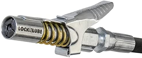 LockNLube Grease Gun Coupler locks onto Zerk fittings. Grease goes in, not on the machine. World’s best-selling original locking grease coupler. Rated 10,000 PSI. Long-lasting rebuildable tool.