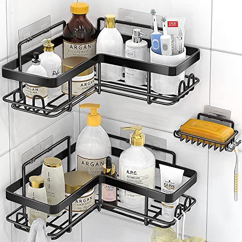 MOFOROCO Shower Caddy Corner Shelf with Soap Holder,No Drilling Traceless Adhesive Shower Wall Basket Shelves, Rustproof Bathroom Shower Storage Organizer(Black)