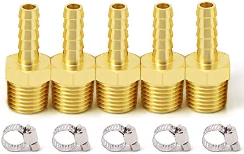 Metaland Brass 1/4″ Barb x 1/4″ NPT Male Pneumatic Air Hose Fittings with Hose Clamps (Pack of 5)