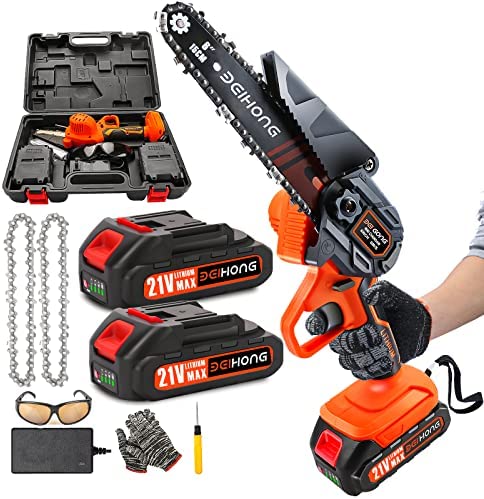 Mini Chainsaw Cordless 6-Inch with 2 Battery, 21v Mini Power Chain Saw with Security Lock, Handheld Small Chainsaw for Tree Trimming Wood Cutting