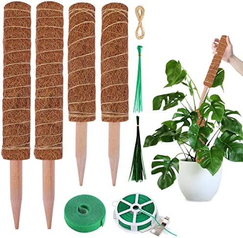 Moss Pole for Plant Monstera 49.2 Inches, 4Pcs Moss Totem Pole for Climbing Plants 11.8” & 15.7” Plant Stakes Coco Coir Totem Pole for Indoor Potted Plants Support with 5 Types Garden Twist Ties
