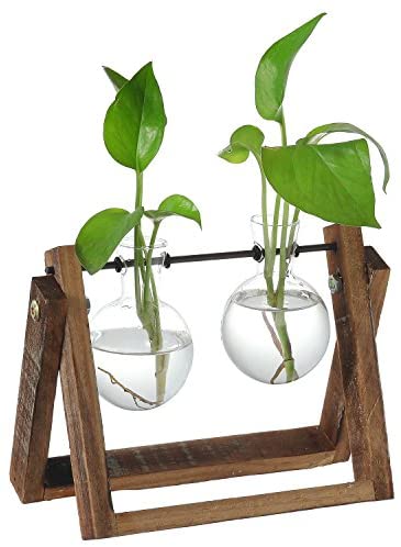 MyGift Plant Terrarium with Wooden Stand, Clear Glass Planter Bulb Vases Hydroponic Flower Terrarium with Rustic Wood & Metal Swivel Holder Stand