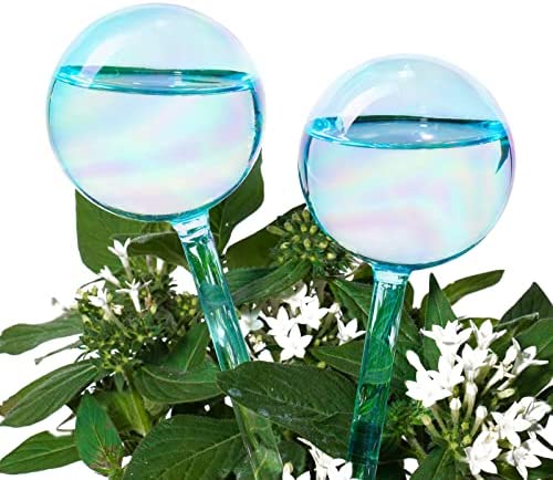 NiHome Self-Watering Globe 2-Pack 10″ Clearwater Blue Iridescent Gradient Aqua Spike Hand-Blown Glass Bulb Pot Plant Waterer Automatic Irrigation System Home Indoor Outdoor Garden Hanging Flower Attom