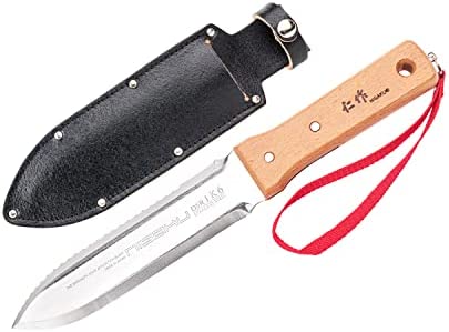 Nisaku NJP651 Hori Weeding & Digging Knife-Hardened HRC58 Edition, Authentic Tomita (Est. 1960) Japanese Stainless Steel, 7.25″ Blade, Wood Handle, w/Premium Leather Sheath