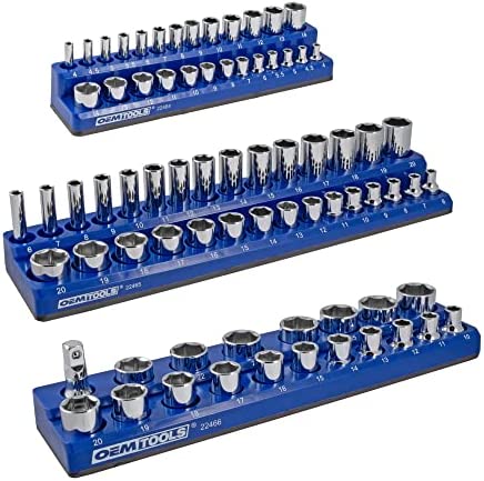 OEMTOOLS 22486 3 Piece Metric Magnetic Socket Tray Set, Magnetic Socket Organizer Holds Up to 75 Sockets in 1/4″, 3/8″, and 1/2″ Sizes, Blue Magnetic Socket Holders