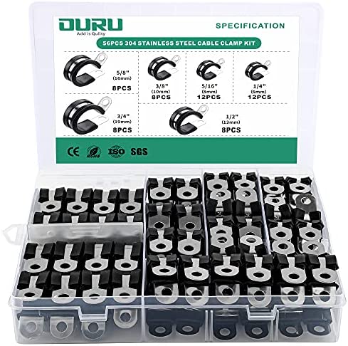 OURU 56PCS Cable Clamp Kit,304 Stainless Steel Rubber Cushioned Insulated Clamp,1/4” 5/16” 3/8” 1/2” 5/8” 3/4”(6 Sizes),Metal Clamp, Tube Holder,Wire Cord Installation
