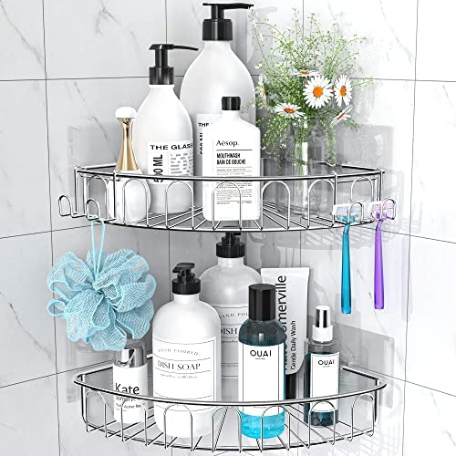 Orimade Corner Shower Caddy Stainless Steel with Hooks Wall Mounted Bathroom Shelf Storage Organizer Adhesive No Drilling 2 Pack