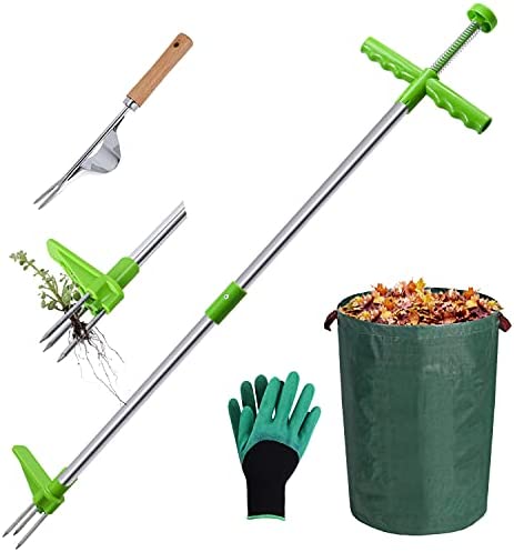 POLIWELL Weed Puller Tool Stand Up, Heavy Duty Dandelion Root Remover Tool with 3 Stainless Steel Claws, 39”Long Handle Weeder Manual Picker,Hand Weeding Tool,Gloves and Lawn Garden Bag.