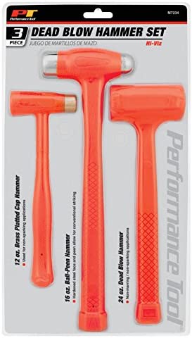 Performance Tool M7234 Dead Blow Hammer Set with Brass Cap, Ball-Peen, and Dead Blow Hammers and Urethane Coating, Orange (3-Piece)