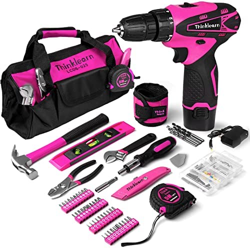 Pink Drill Set for Women, 137 Piece Hand and Power Tool Set with 12V Cordless Drill, Home Tool Kit for DIY, Necessities for Daily Decoration and Maintenance, As a Creative Gift for Ladies