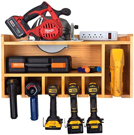 Power Tool Organizer for Garage – Fully Assembled Wood Tool Chest, 5 Drill Charging Station and Circular Saw Holder – Great Workshop Organization and Storage Gift for Men