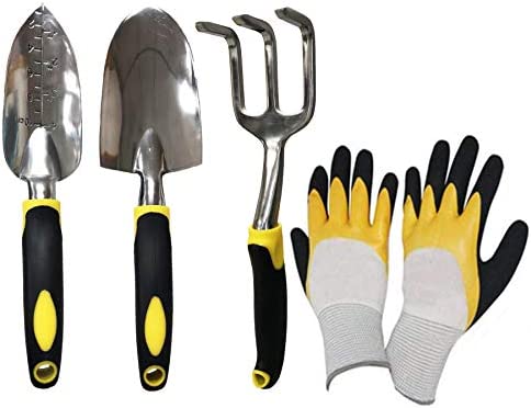 Prudance 4 Pack Garden Shovel Tools Set,Comfortable Grip with PVC Non-Slip Handle,Includes Hand Shovel,Scale Shovel,Three-Tooth Harrow,Gardening Gloves for Loosening, Shoveling, Digging, Weeding.