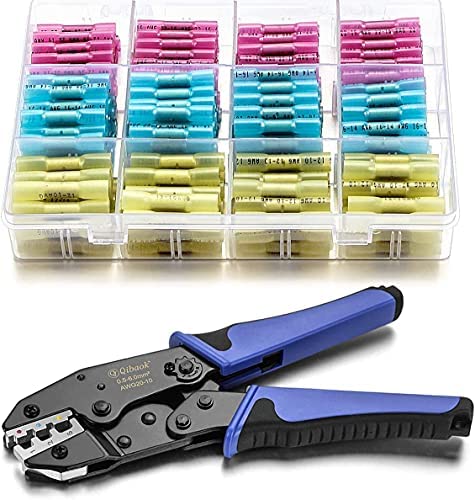 Qibaok Crimping Tool Ratcheting Wire Crimper for Heat Shrink Connectors with 200pcs Heat Shrink Butt Connectors for AWG 20-10