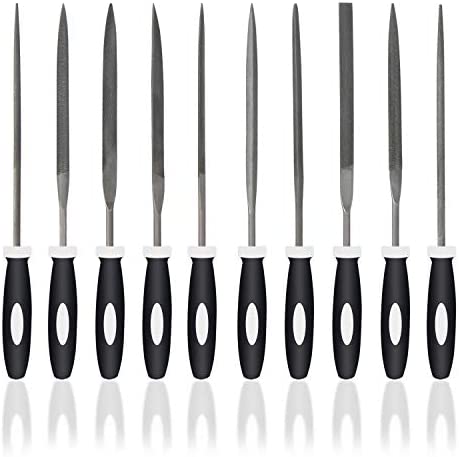 SDAE 10PCS Needle File Set High Carbon Steel File Set with Plastic Non-Slip Handle, Hand Metal Tools for Wood, Plastic, Model, Jewelry, Musical Instrument and DIY (6 Inch Total Length)
