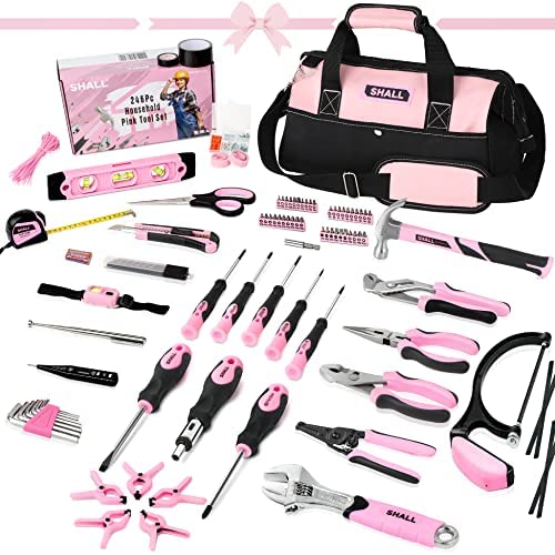 SHALL Pink Tool Set, 246-Piece Home Tool Kit for Women, Ladies Basic Tool kit for House with 14”Wide Mouth Open Tool Bag, General Household Hand Tool Set for Home Repair, Maintenance and Improvement