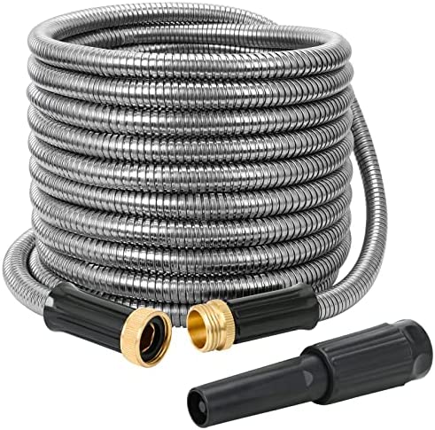 STYDDI Flexible Metal Garden Hose, 100 Foot 304 Stainless Steel Water Hose with Jet Sprayer Nozzle for Outdoor Yard, Lightweight and Kink Free, Puncture Proof, Durable, Heavy Duty