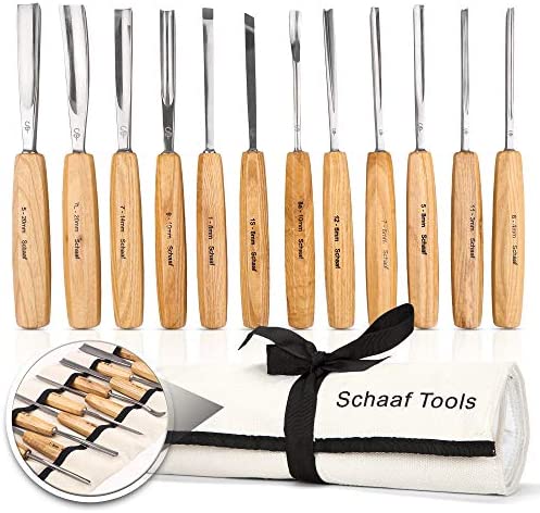 Schaaf Wood Carving Tools 12-pc Chisel Set with Canvas Case | Full Size Professional Quality Gouges and Chisels for Beginners and Hobbyists | Razor Sharp CR-V 60 Steel Blades