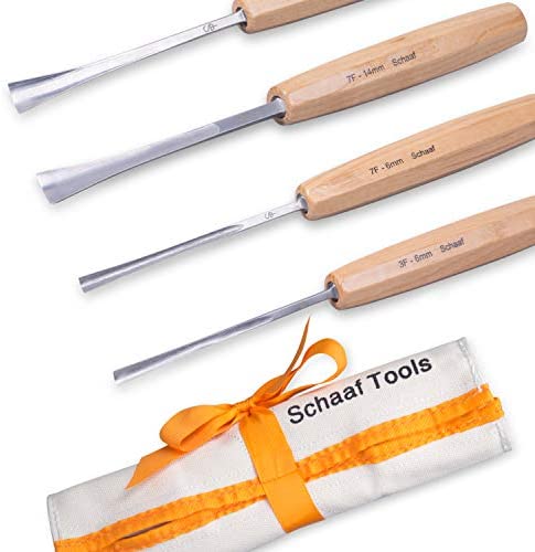 Schaaf Wood Carving Tools, 4pc Detail Chisel Set with Canvas Case | Fishtail Gouges to Reach into Spaces Other Chisels Can’t | Sharp, Quality-Tested CR-V 60 Steel Blades