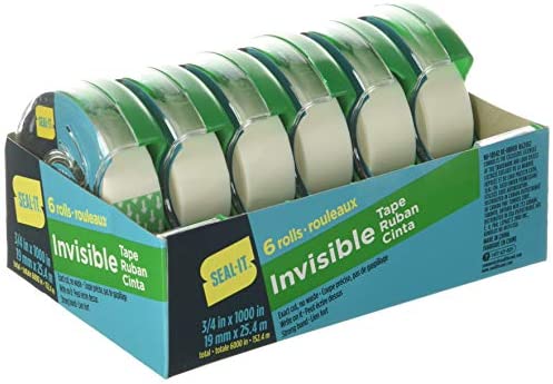 Seal-It Invisible Stationery Tape 3/4 x 1000 Inches On Press N’ Cut Dispenser, Pack of 6 Total 6000 Inches, White (62452)