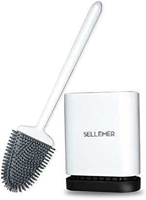 Sellemer Toilet Brush and Holder Set for Bathroom, Flexible Toilet Bowl Brush Head with Silicone Bristles, Compact Size for Storage and Organization, Ventilation Slots Base (White)