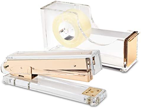 Set of Stapler and Tape Dispenser Desk Swag Brand : Desk Swag Acrylic Gold Stapler and Tape Dispenser Set Modern High End Luxury Desk Accessories Set Tape and Stapler