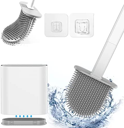 Silicone Flex Toilet Brush,Toilet Cleaning System, Wall Toilet Wand No-Slip Long Handle Soft Silicone Bristle Clean Toilet Corner Easily,Wall Mounting （White）