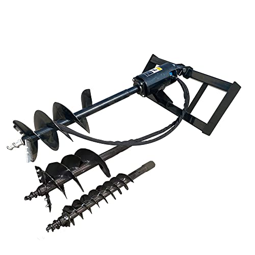 Skid Steer Hydraulic Heavy Duty Post Hole Digger Earth Auger Frame, Drive and Bit Post Hole Digger with 3 Drilling 6″, 12″, 14″ Bits & Rock Auger w/Hoses, Quick Connect Fittings, Swivel Bracket
