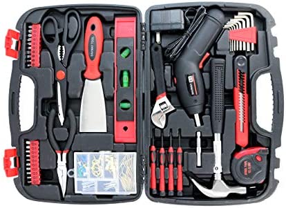 Small Home Tool Kit included Battery Screwdriver Cordless Women’s Tool Kit with Case-SAVWAY P7994 Hand Tool Set with Black Toolbox for DIY Projects