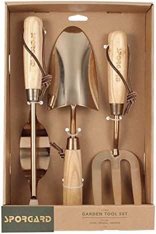 Sporgard Garden Tool Set, 3 Piece Heavy Duty Gardening Kit Includes Hand Trowel, Weeder and Fork with Ash Wood Handle and Antique Bronze Metal Head, Nice Garden Gift for Christmas and New Year