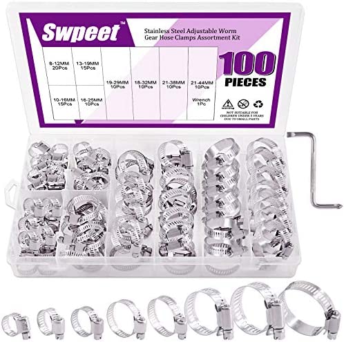 Swpeet 100Pcs 8-44mm Adjustable Range Assorted Sizes Assortment Hose Clamps Kit, 100% 304 Stainless Steel Adjustable Range Worm Gear Hose Clamp Perfect for Plumbing, Automotive