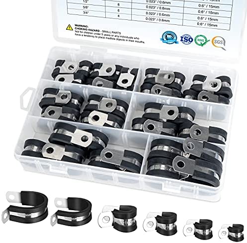 TICONN 42PCS Cable Clamps Set – Rubber Cushioned 304 Stainless Steel Hose Clamps Loop Clamps Pipe Clamps in 6 Sizes (42PCS combo, 1/4” 5/16” 3/8” 1/2” 5/8” 3/4”)