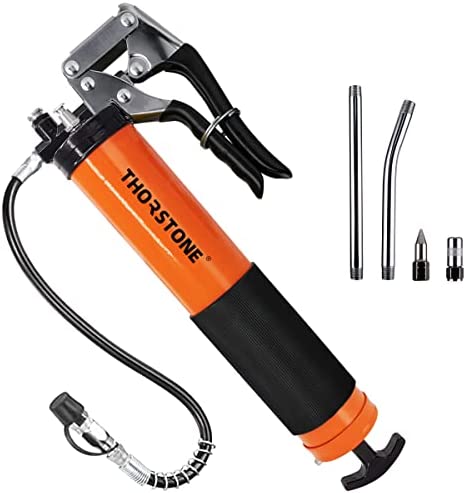 Thorstone Grease Gun Kit, 7000 PSI Heavy Duty Pistol Grip Grease Guns Set with 18 Inch Spring Flex Hose, 2 Reinforced Working Coupler, 2 Extension Rigid Pipe, 1 Sharp Type Nozzle Included, Orange