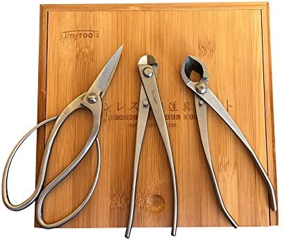 Tinyroots Bonsai Tool Kit 3pc – Set Includes: Traditional Butterfly Shaped Bonsai Shears, Concave Cutter, Wire Cutter & Bamboo Storage Case + Bonsai Tools