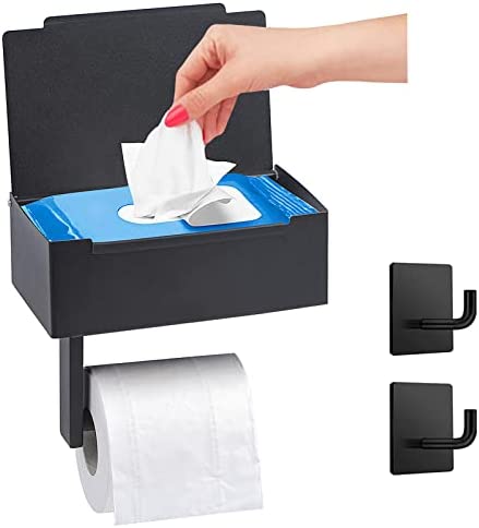 Toilet Paper Holder with Shelf and Flushable Wipes Dispenser Storage, Bathroom Matte Black Wall Mount Wipe Box Roll Paper Holder, Hide Your Wipes from – Large Stainless Steel ZAUKNYA