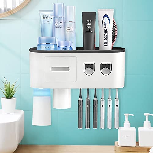 TuCao Toothbrush Holder Wall-Mounted with 2 Automatic Toothpaste Dispensers, 6 Toothbrush Slots, 2 Magnetic Cups, 1 Storage Drawer, and Large Storage Tray