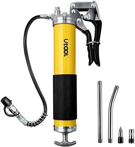 UTOOL Grease Gun, 8000 PSI Heavy Duty Pistol Grip Grease Gun Set with 14 oz Load, 18 Inch Spring Flex Hose, 2 Working Coupler, 2 Extension Rigid Pipe and 1 Sharp Type Nozzle Included, Yellow